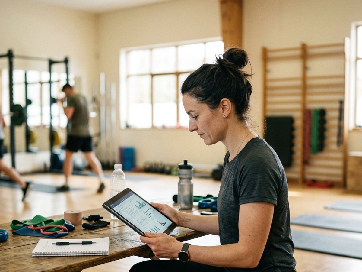 Sportphysiotherapeut:in plant in der Praxis Übungen auf einem Tablet.